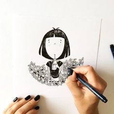 a drawing of a girl holding a drink in her hand with flowers and leaves around her