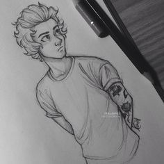 a pencil drawing of a boy with curly hair wearing a t - shirt and looking to his left