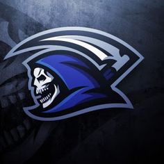 a blue and white logo with a skull in the center on a dark background for a sports team