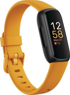 the fitbit smart watch is shown with an orange band