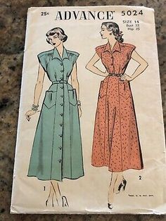 an old sewing pattern for a women's dress, with buttons on the front