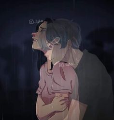 two people standing in the rain with their faces touching each other's foreheads