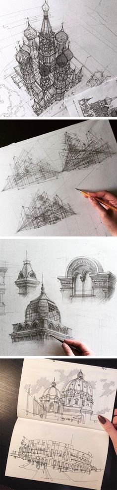 four different views of the same building and its architecture, with each drawing on it's own side