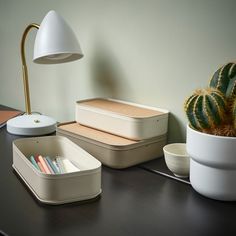 an office desk with a cactus, pen holder and other items on the counter top