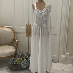 Unbelievable Craftsmanship To This Delicate Antique Wedding Nightgown And Robe. Beautiful Tufting And Blue Satin Ribbon. Size Small. Very Elegant. Floor-length Lace Trim Gown For Wedding Night, Floor-length Wedding Night Gown With Lace Trim, Wedding Night Floor-length Gown With Lace Trim, White Floor-length Gown For Ceremony, White Gown With Lace Trim And Fitted Bodice, White Gown With Sweep Train For Debutante Ball, Wedding Night Gown With Sweep Train And Fitted Bodice, White Floor-length Gown With Lace Bodice, White Gown With Sweep Train