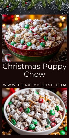 christmas puppy chow recipe in a bowl with candy