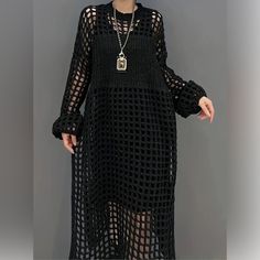 Chic Open Weave Hallow Out Crochet Sweater Dress With Side Slits Solid Black - Simply Fabulous **Please Note That No Offers Will Be Sent But I Will Gladly Consider Yours, And If You Want Me To Send One On Clear The Closet Day, I’ll Be Happy To Do So That Way You Can Save On Shipping Too Size: 2x (Refer To Images For Measurements) Can Be Used As Top, Cover-Up Or Dress Stylish Crew Neck Drop Shoulders Open Knit / Semi-Sheer Thick Crochet Long Sleeve Loose Fitting Oversized Comfy Soft Feeling Some Split Thigh Dress, Mode Crochet, Crochet Inspo, Fashion Revolution, Clothes Patterns, Long Sleeve Maxi, Knit Midi Dress, Mua Sắm, Stretch Dress