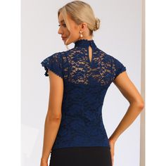 A semi-sheer top featuring an allover floral lace design, round neck, ruffle Sleeve. Great for simple fashion pants or skirts. Pair this sheer lace top with a cami top or tank top. Perfectly match with heels and a clutch bag for an elegant style. The lace blouse can show off your charming side in your daily wear. In its charming design, this top can be a good choice for the upcoming season. Elegant Non-stretch Lace Top For Spring, Elegant Blue Lace Top, Chic Non-stretch Lace Tops, Elegant Blue Lace Top With Lace Trim, Elegant Blue Top With Lace Collar, Fitted Short Sleeve Lace Top With Ruffles, Party Tops With Lace Collar And Stretch Fit, Elegant Lace Top, Elegant Blue Blouse With Lace Collar