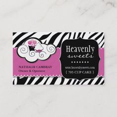 a business card with zebra print and cupcake on the front, in black and pink