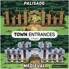 the town entrance is shown in two different styles, and there are several options to choose from