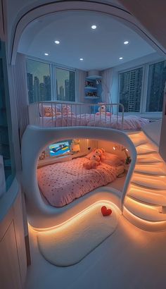 a room with a bed and some lights on the walls in front of it, next to a spiral staircase