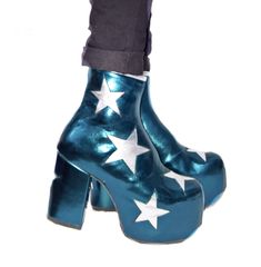 "STARDUST Ankle Boots in Teal Blue Vegan Metallic Leather & Vegan Silver Metallic Stars  Handcrafted to order in London Made of 100% Vegan metallic leather upper and 100% Vegan leather lining VEGAN leather : upper in Teal metallic (PU) leather with STAR details and top edge binding in silver metallic (PU) leather with matt vegan (PU) leather lining. Silver Star appliques on top of toes, in-& outside of boots and back of heels (total 6 per boot) SIZE RANGE : These boots come in a wide range of un Glam Circus, Funky Shoes, Suede Leather Boots, Platform Ankle Boots, Glam Rock, Crazy Shoes, Leather Silver, Looks Style, Silver Stars