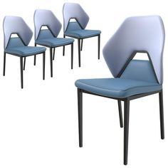 four blue chairs sitting next to each other