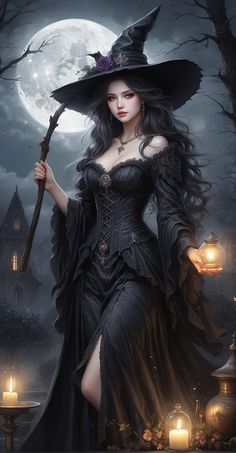 a woman dressed up as a witch holding a broom in front of a full moon