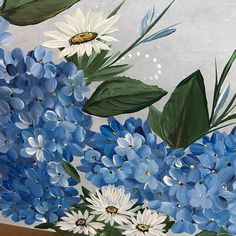 a painting of blue and white flowers with green leaves