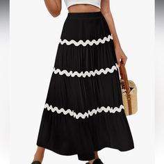 This Boho Skirt For Women Is Made Of Soft, Lightweight, Breathable And Skin-Friendly Fabric, Comfortable To Wear In The Hot Summer. Maxi Skirt Is Lined Inside Not See Through, Bohemian Style, Solid Color With Wavy Line Design, Long Flowy Skirts Above Ankle Length, Elastic Waist With Side Zip For The Perfect Fit. Summer Tiered Maxi Skirts Suit For Any Occasion. Whether It's A Leisurely Day At The Beach A Laid-Back Vacation Atmosphere, Or Dating. Black Ruffled Bottoms For Vacation, Flowy Black Maxi Skirt For Day Out, Black Maxi Skirt For Summer Vacation, Bohemian Black Skirt For Day Out, Black Maxi Skirt For Vacation, Black Skirt Bottoms For Vacation, Casual Black Maxi Skirt For Day Out, Black Skirt With Elastic Waistband For Beach, Black Tiered Maxi Skirt With Elastic Waistband