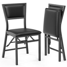 two black leather chairs side by side on a white background with one chair facing the other