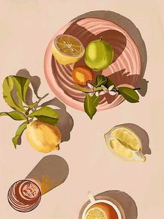 a painting of lemons and other fruit on a plate