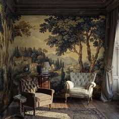 a living room with a couch, chair and painting on the wall