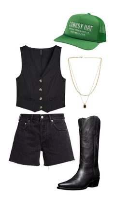 Black vest with black cut off denim shorts. Black cowgirl boots and green cowboy hat hat. Sleek Western Fashion, Causal Date Outfits For Women, All White Country Outfit, City Vacation Outfit Inspiration, Casual Ranch Outfit, Magnolia Silos Outfit, Caviar Cowboy Hat Outfit, Cool Country Outfits, Concert Outfit Ideas Jonas Brothers