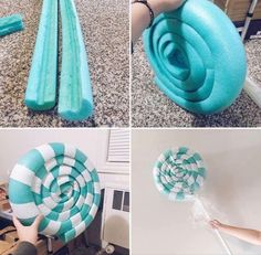 four pictures showing how to make an inflatable candy lollipop pinwheel