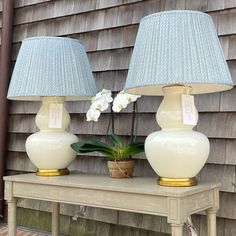 two white lamps sitting on top of a wooden table next to a potted plant