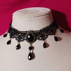 Nwot Vintage Victorian Gothic Black Lace Fashion Choker Necklace Water Drop Beads And Pendant Are Hard Durable Plastic And Have Good Weight To Them Brass Colored Hardware And Findings Closure Is Lobster Claw Style Clasp Necklace Is 13 Inches In Length And Adjustable With 2 Inch Long Extender Chain All Reasonable Offers Considered And Will Be Accepted Or Countered. **Notice** And Disclaimer For People With Allergies: I Live With A Smoker And My Items Do Come From A Pet Friendly Home. Great Care I Victorian Gothic Accessories, Victorian Goth Necklace, Hoco Inspiration, Vamp Outfit, Gothic Items, Black Lace Fashion, October Makeup, Theater Things, Victorian Choker