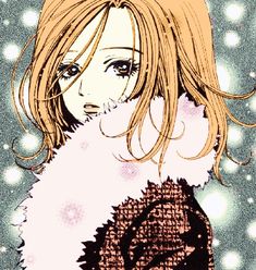 a drawing of a woman with blonde hair and blue eyes, wearing a fur coat