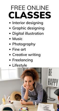 a woman sitting at a desk with her hand on her chin and the words free online classes