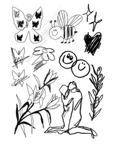 an ink drawing of some bugs and plants