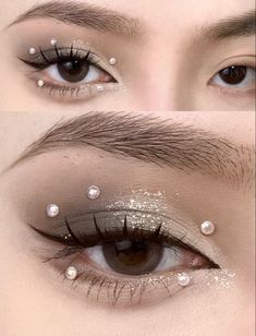 Makeup Looks Kpop Idol, Korean Rhinestone Makeup, Eye Makeup Looks With Gems, Pearl Rhinestone Makeup, Pearls Eye Makeup, Face Gem Ideas, Elegant Makeup Looks, Pearl Makeup Looks, Makeup With Gems