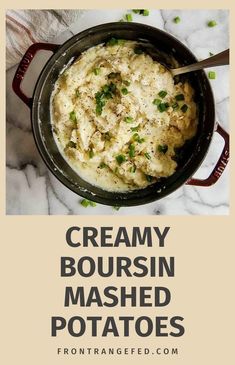 creamy boursin mashed potatoes in a pot with text overlay