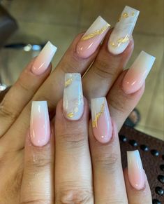 Gel Nails With Gold Flakes, Nails With Gold Flakes, White Nails With Gold, Ombre Gel Nails, Nails With Gold, Sheer Nails, Gold Acrylic Nails, August Nails, Halloween Acrylic Nails