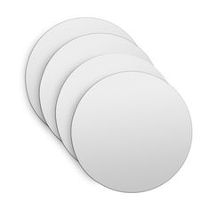 four white round coasters sitting on top of each other in front of a white background