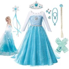 Kid Size: 4T, Color: Elsa Dress Set 6 Princess Dresses Kids Birthday Parties, Frozen 2 Dress, Halloween Dresses For Girls, Pola Topi, Organza Overlay, Girls Ball Gown, Elsa Costume, Dress Cape, Princess Dress Kids