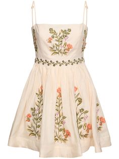 Find AGUA BENDITA Sapucai Flowers Linen Mini Dress on Editorialist. Adjustable spaghetti straps. Concealed back zip closure. Embroidered details. All over pattern placement may vary. Model is wearing a sizeS