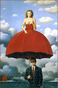 a painting of a woman in a red dress holding an umbrella with a man standing next to her