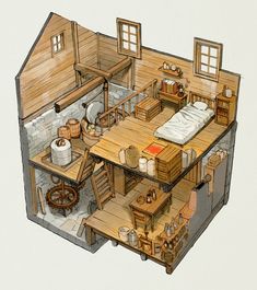 a drawing of a house made out of wood with furniture on the floor and walls