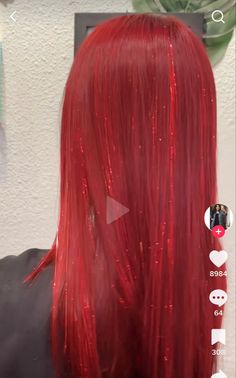 Video Game Hairstyles, Tinsel In Red Hair, Red Hair With Tinsel, Hair Tinsel On Red Hair, Red Tinsel Hair, Red Hair Tinsel, Hair Tinsel Red Hair, Bright Red Hair With Pink Highlights, Black Hair Red Tips