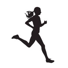 the silhouette of a woman running with her hair blowing in the wind, on a white background