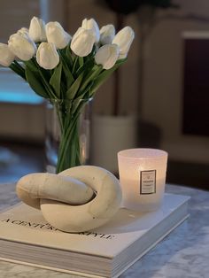 a vase with white flowers sitting on top of a book next to a candle