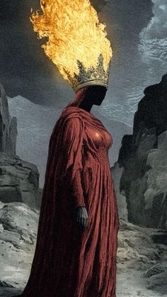 a man with a crown on his head standing in front of a rock formation that has fire coming out of it