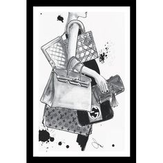 a black and white drawing of a woman holding a handbag in her right hand