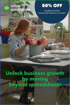 a woman sitting at a desk with flowers in front of her and the words unlock business growth by moving beyond spreadsheets