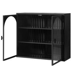 an open bookcase with glass doors on the front and bottom, in black color