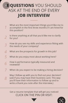 a pink poster with the words 8 questions you should ask at the end of every job interview