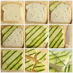 several pictures of slices of bread with cheese and cucumber on them, all in different ways