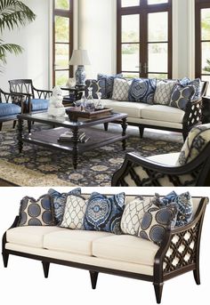 two pictures of living room furniture with blue and white pillows on the couches, one is