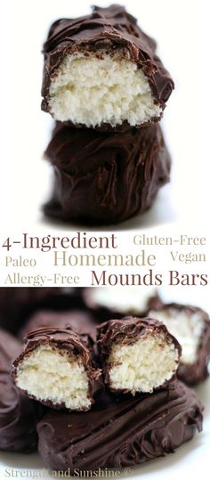 four ingredient, gluten - free homemade chocolate almonds bars are stacked on top of each other