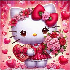 a painting of a hello kitty with roses and hearts in her lap holding a teddy bear